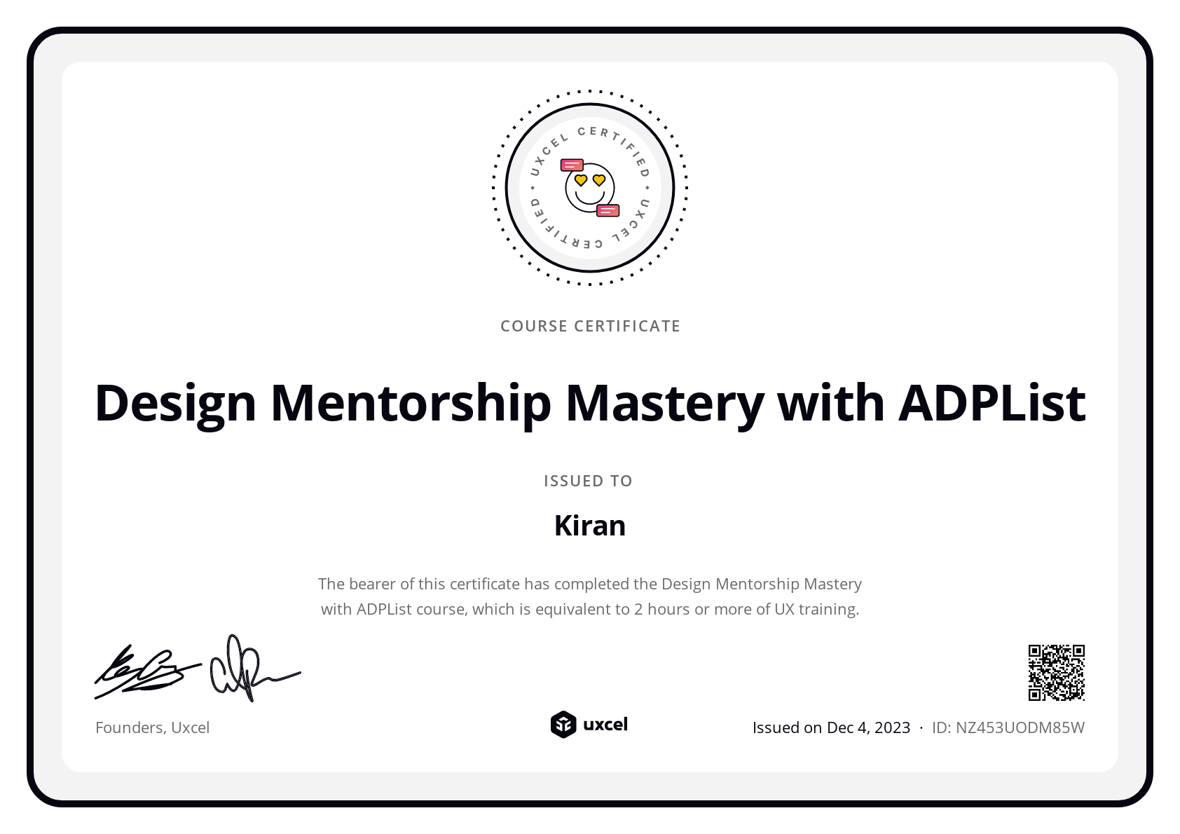 Kiran's certificate